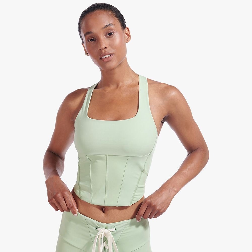 New Balance x STAUD Corset Crop Top Sage Green Cross Back Tank Size Small